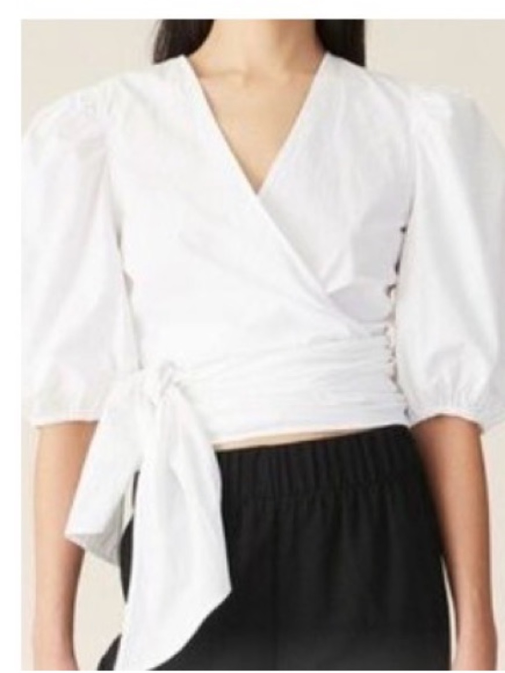 Ganni White cotton poplin Wrap blouse short puff sleeve size 40